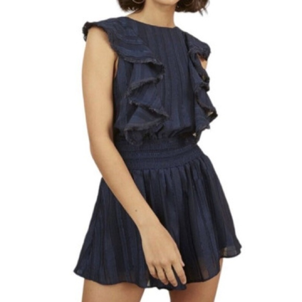 FINDERS KEEPERS NWOT Soraya Navy Ruffle Romper Lined, Size M